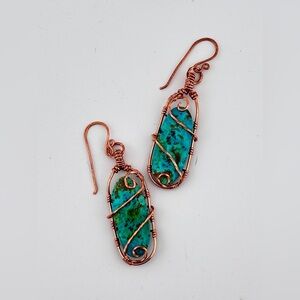 HANDMADE Chrysocolla Copper Wire Wrapped Modern Dangle Earrings, Artisan Jewelry